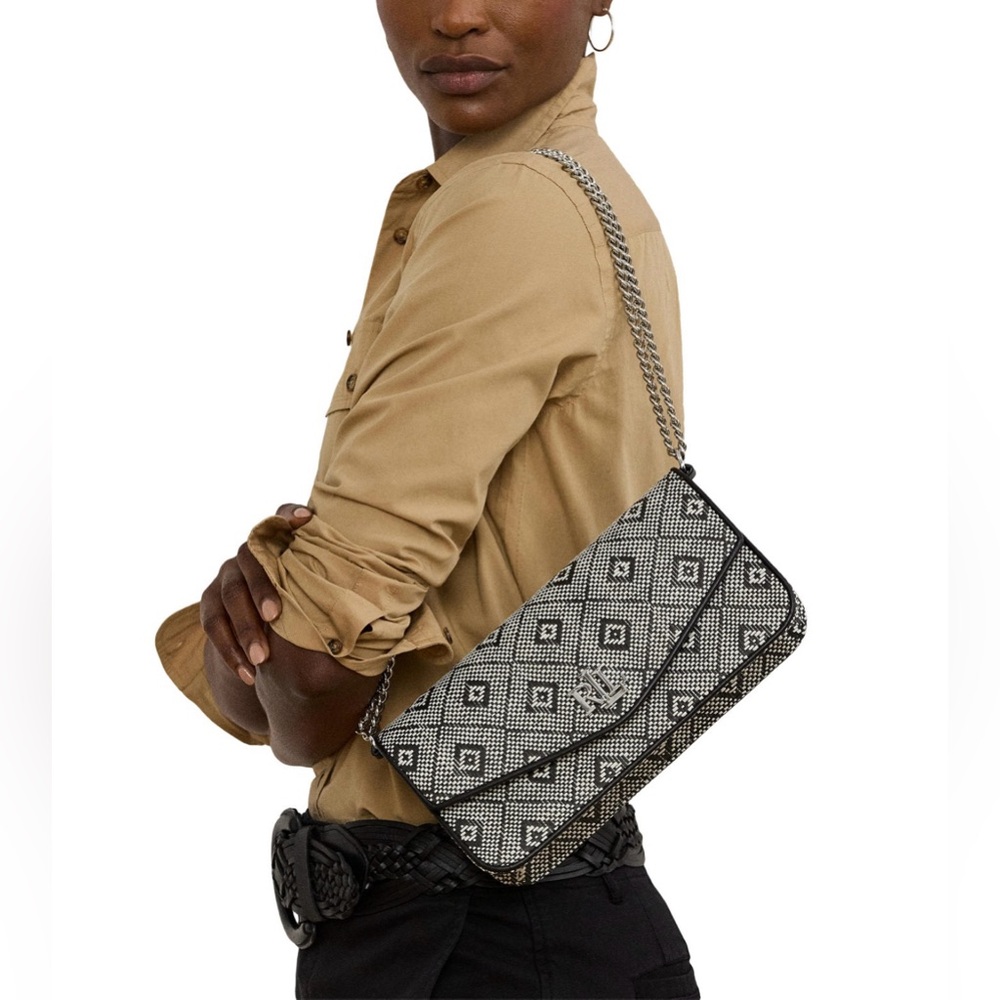 NWT Lauren Ralph Lauren Geo-Motif Woven Straw Med Sawyer Bag Black/natural Geo
